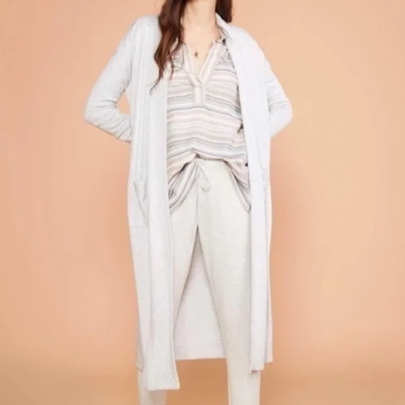 Anthropologie Lou & Grey Striped Grey Duster Cardigan Size Medium with Pockets - Picture 1 of 10